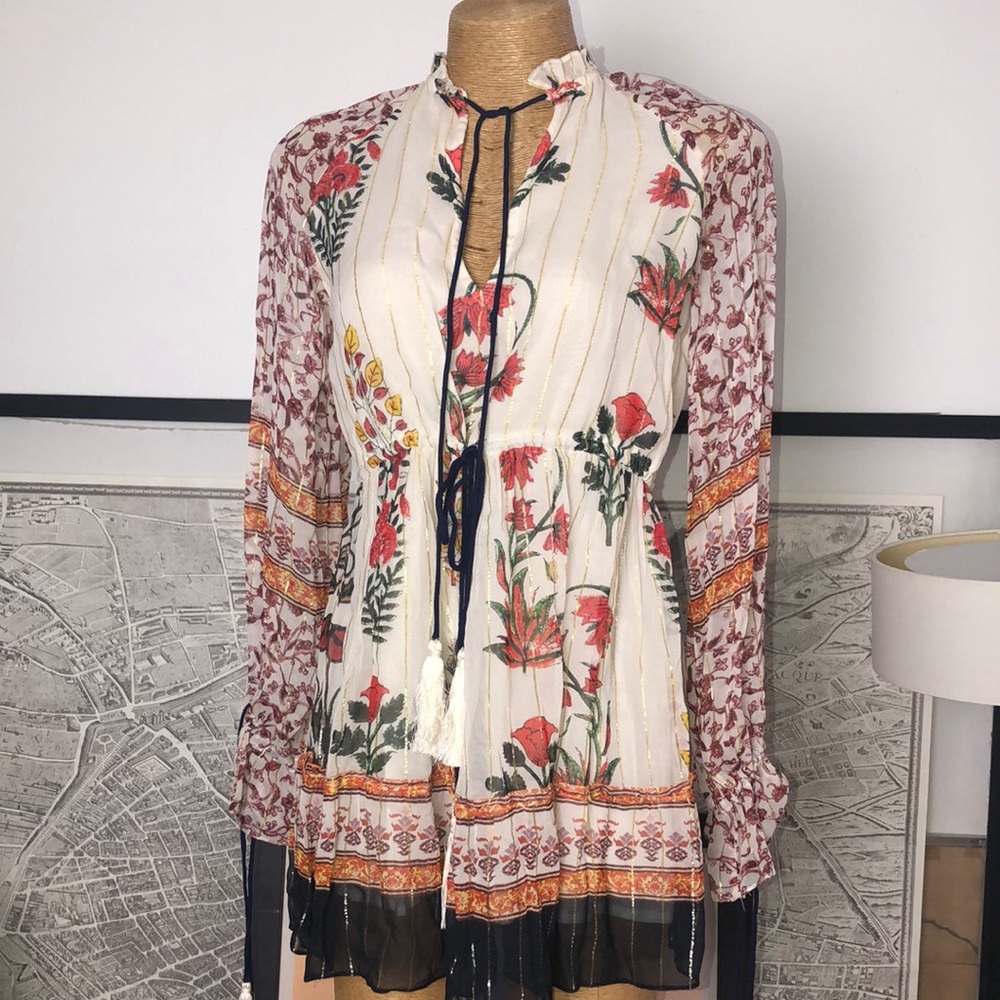 HEMANT & NANDITA Floral Knit Peasant Dress in Ivory with Red Accents Size XS